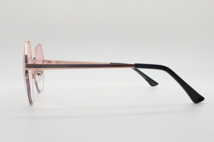 90s vintage octagon sunglasses. Blue 8 sided 60s design glasses with minimal half frame and gold arms. Hexagon. Unused NOS