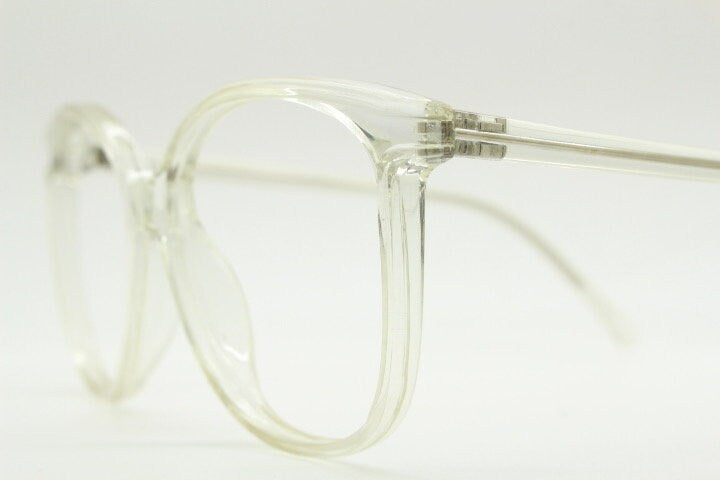 80s vintage oversized round cat eye glasses. Transparent clear crystal optical frame. Prescription RX spectacles. Clean NOS cateye