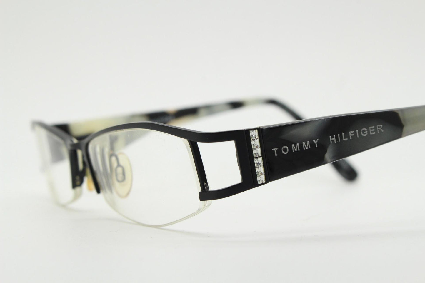 Tommy Hilfiger vintage eye glasses. Black and white marbled acetate optical frame with diamante. Prescription eyeglasses. RX spectacles. 90s