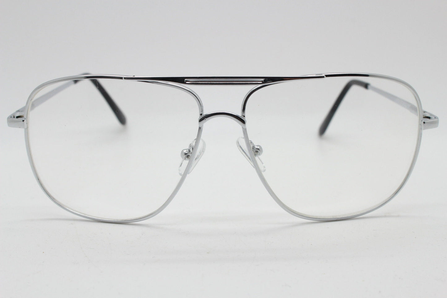 Y2K vintage square aviator glasses. Mens 70s style silver chrome frame with clear lenses. Unused NOS aviators