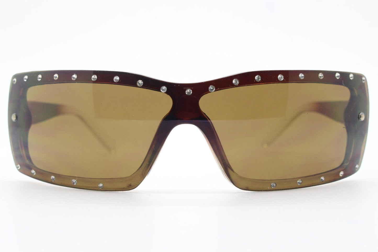 Y2K vintage shield sunglasses with diamante. Brown wrap around mini mask style with curved mono lens. 2000s unused NOS. Visor