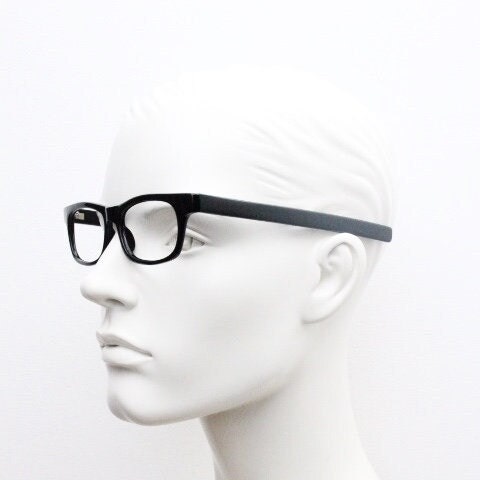 90s vintage black eye glasses. 60s design low profile rectangular straight arm optical frames. Prescription eyeglasses. RX Spectacles. NOS