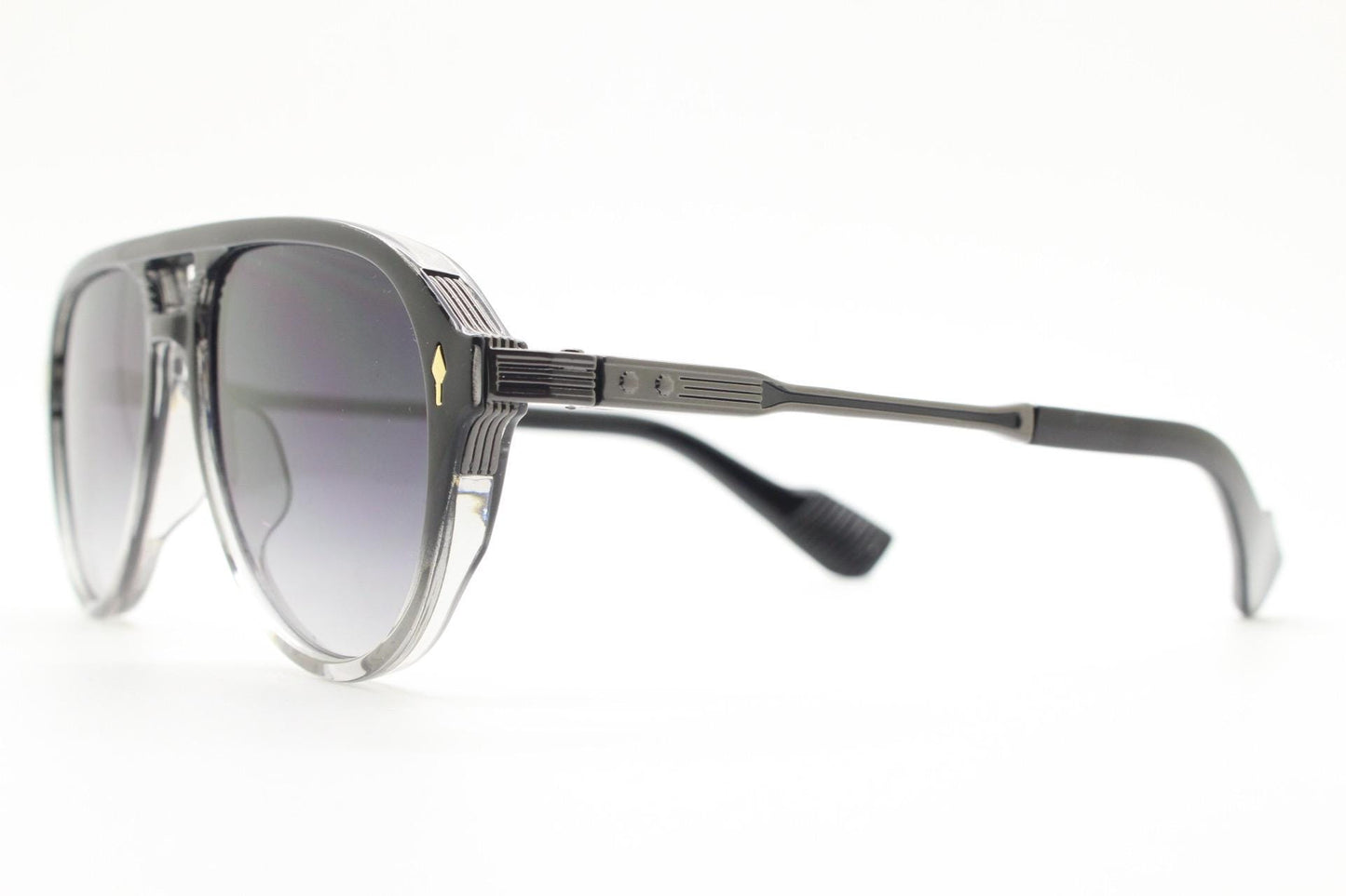 Y2K vintage transparent black aviator sunglasses. Well proportioned teardrop shape with graduating lenses and grey metal embossed arms. NOS