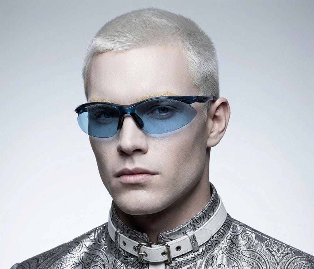 Y2K vintage sport shield sunglasses. Transparent blue frame wraparound aerodynamic visor with matching lenses. 2000's. 90s