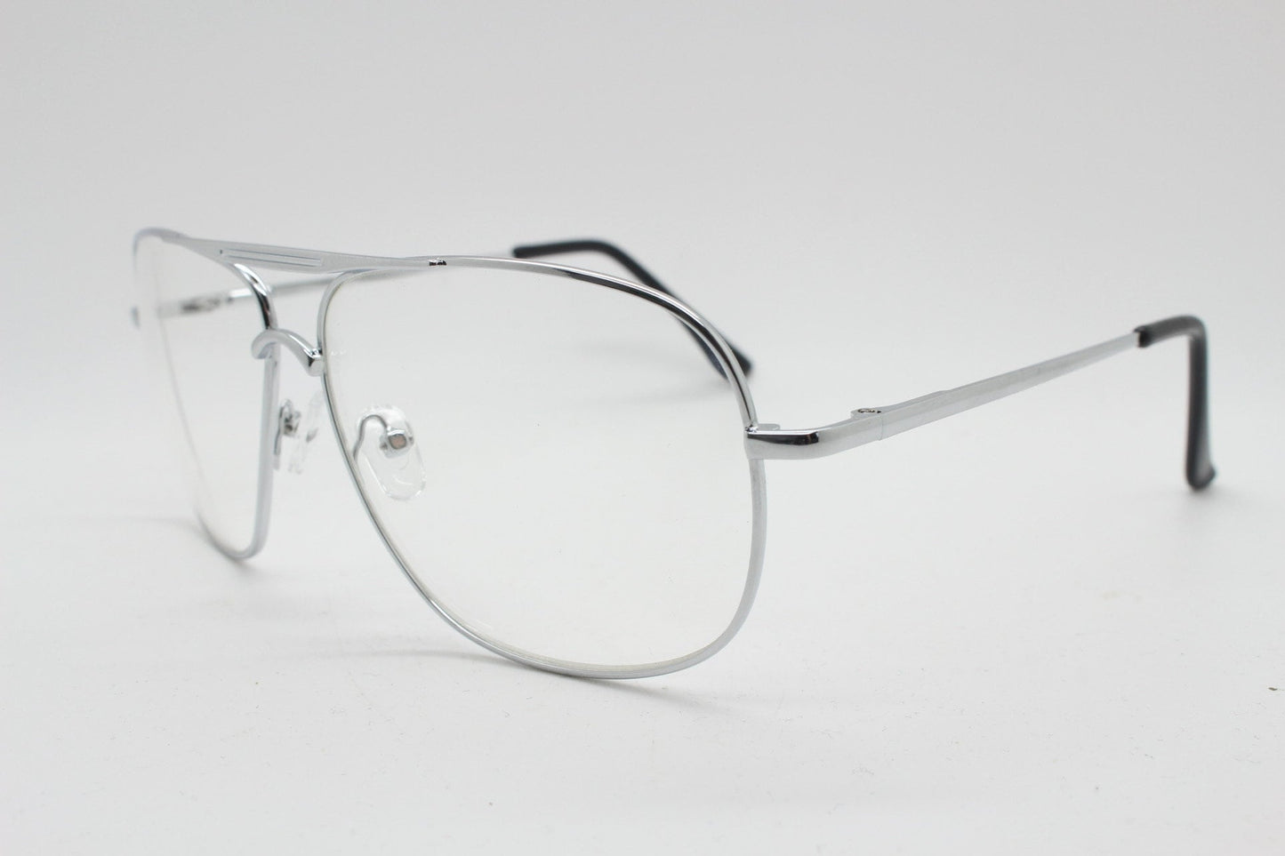 Y2K vintage square aviator glasses. Mens 70s style silver chrome frame with clear lenses. Unused NOS aviators