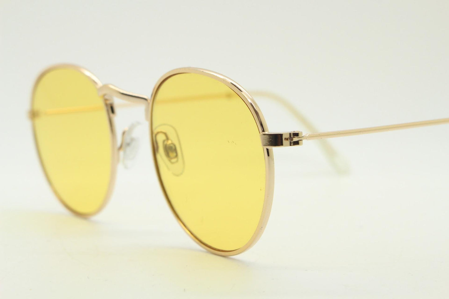 90s vintage round metal sunglasses, Classical 1930s design gold frame with blazing canary yellow lenses. Unused. NOS. Panto