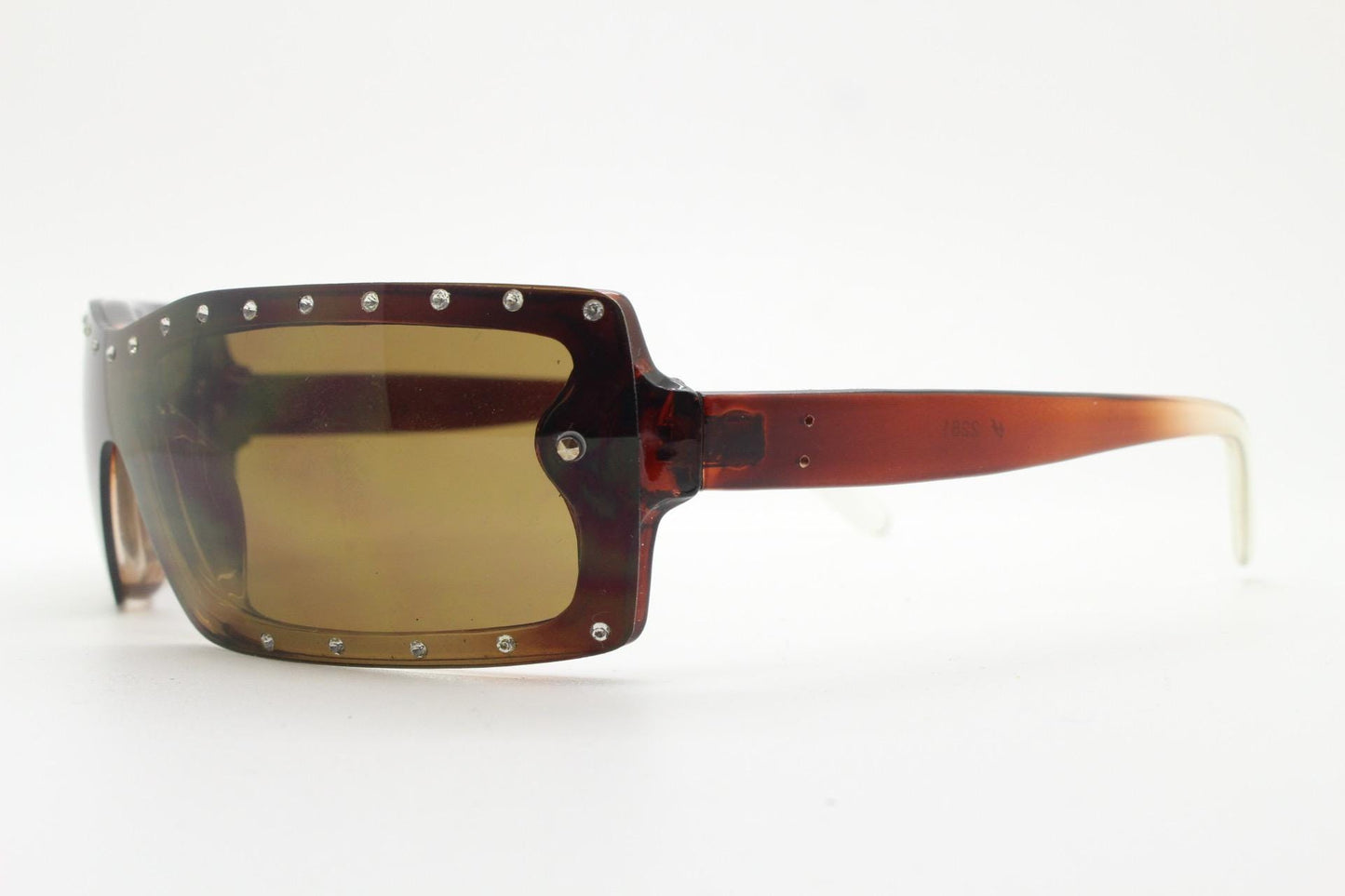 Y2K vintage shield sunglasses with diamante. Brown wrap around mini mask style with curved mono lens. 2000s unused NOS. Visor