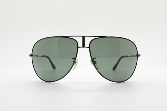 Loewe vintage aviator sunglasses in a tall black gloss frame with dark green lenses. Mens large teardrop pilot aviators. Y2K New Old Stock