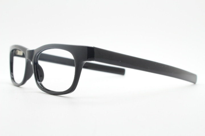 90s vintage black eye glasses. 60s design low profile rectangular straight arm optical frames. Prescription eyeglasses. RX Spectacles. NOS