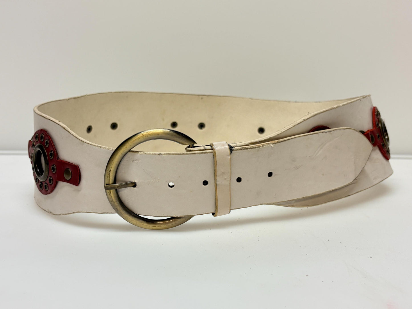 Y2K vintage womens white dress belt with red 'telephone dial' circles applique. Genuine 2000s with brass trims and buckle. NOS
