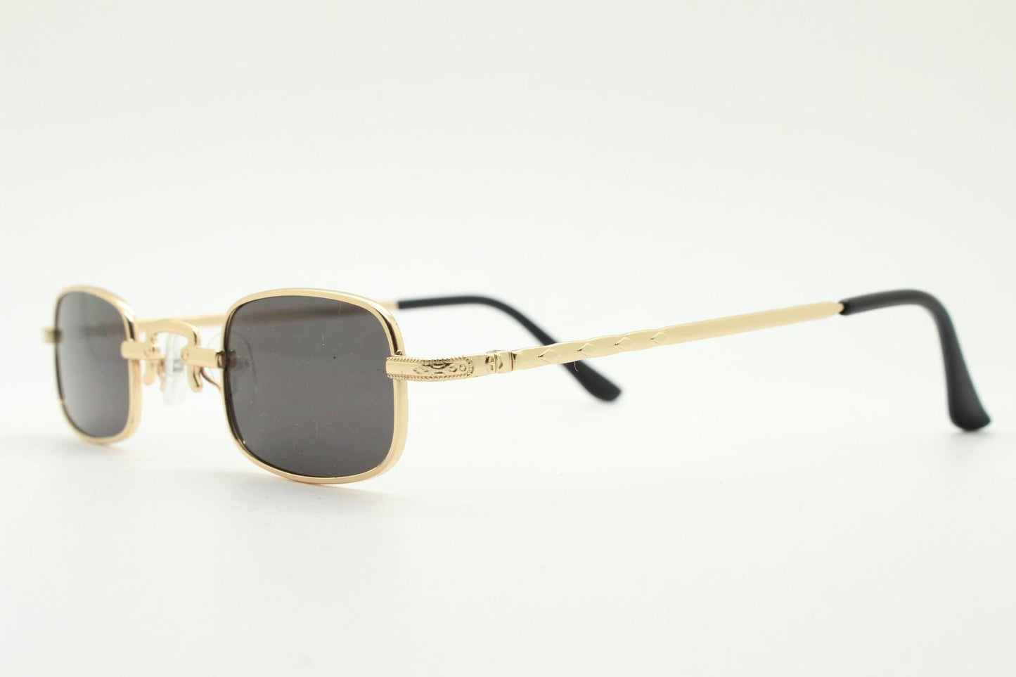 90s vintage small rectangular sunglasses. Imposing minimal gold metal victorian style frame with black lenses. Steampunk. Unused BNWT
