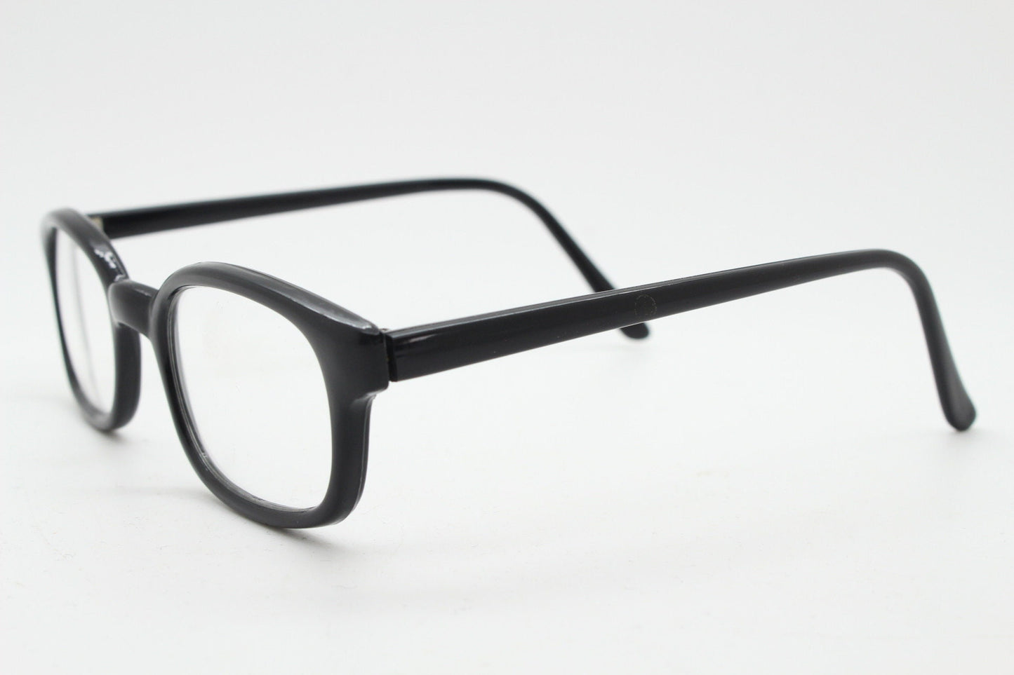 80s vintage low profile wayfarer style glasses. Black acetate optical frames with clear lenses. Prescription eyeglasses. RX Spectacles. NOS