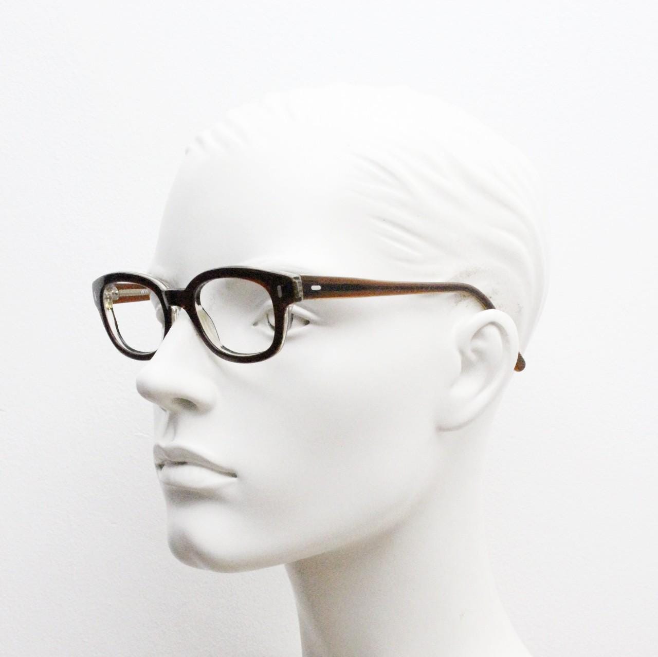 No Name eyewear rectangular low profile eye glasses. Quality brown gloss acetate optical frames. Prescription vintage RX spectacles