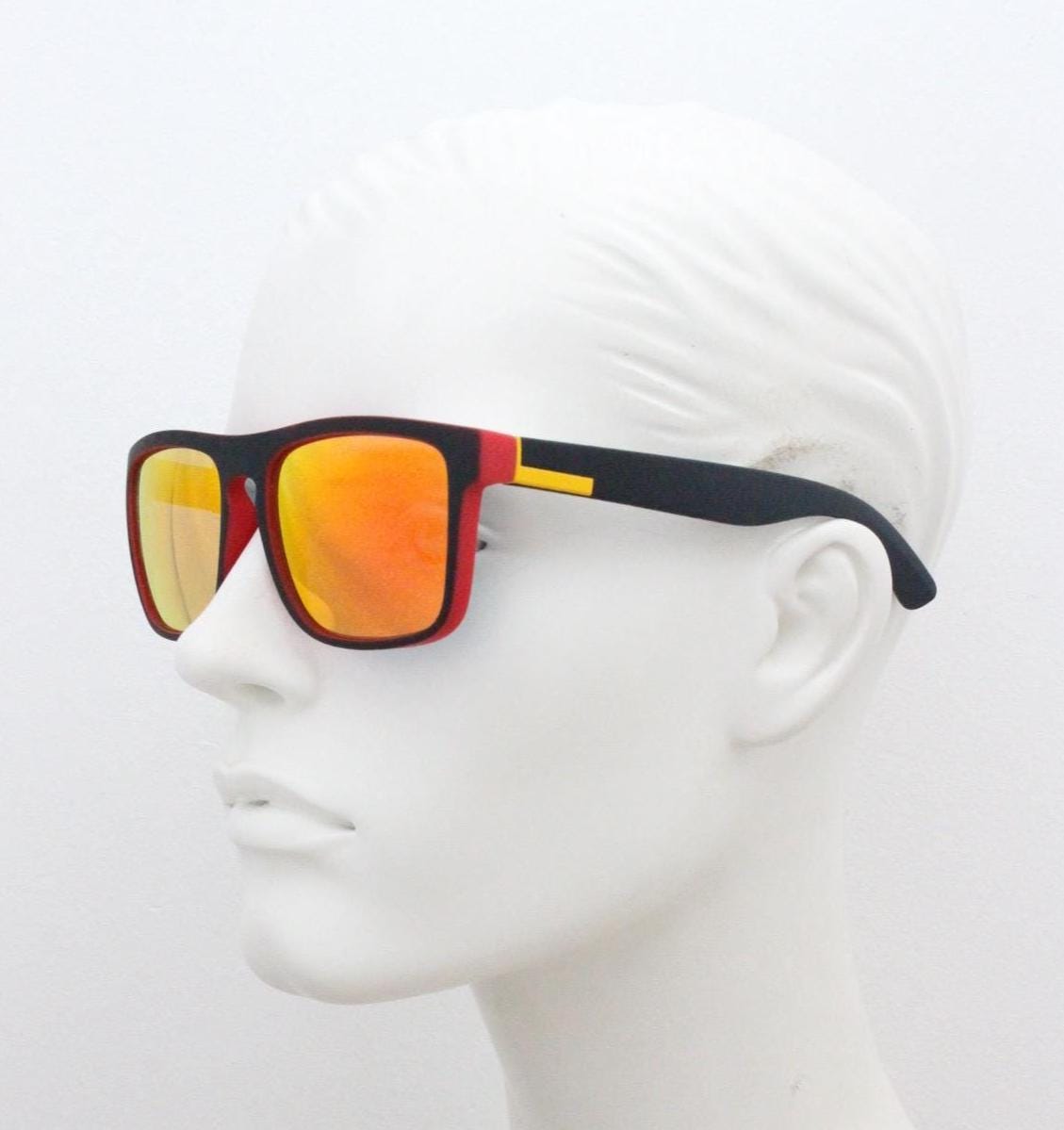 Y2K vintage rectangular sunglasses. Black and orange rubber finish frame with intense gold mirror lenses. Modified wayfarer. 2000's NOS