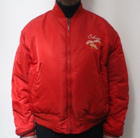 Schott NYC vintage reversible bomber jacket. Big spell out logo back in blue with red reverse side featuring white eagle. Flying MA 1.