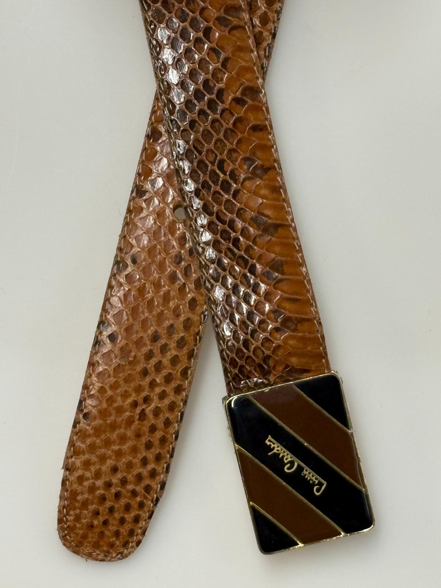 Pierre Cardin 80s vintage belt in genuine snakeskin with neat sized rectangular enamelled black and brown striped buckle. Made in Italy
