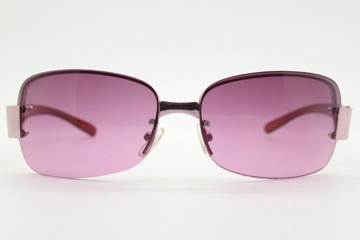 Y2K vintage big rectangular sunglasses. Half frame 2000's wrap around with purple curved lenses and matching purple chrome trim. 00's