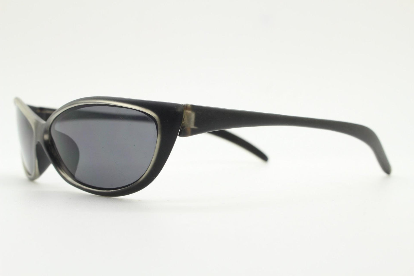 90s vintage curved wraparound sunglasses. Aerodynamic low profile transparent grey frosted frame. Minimal sporty shield design. NOS