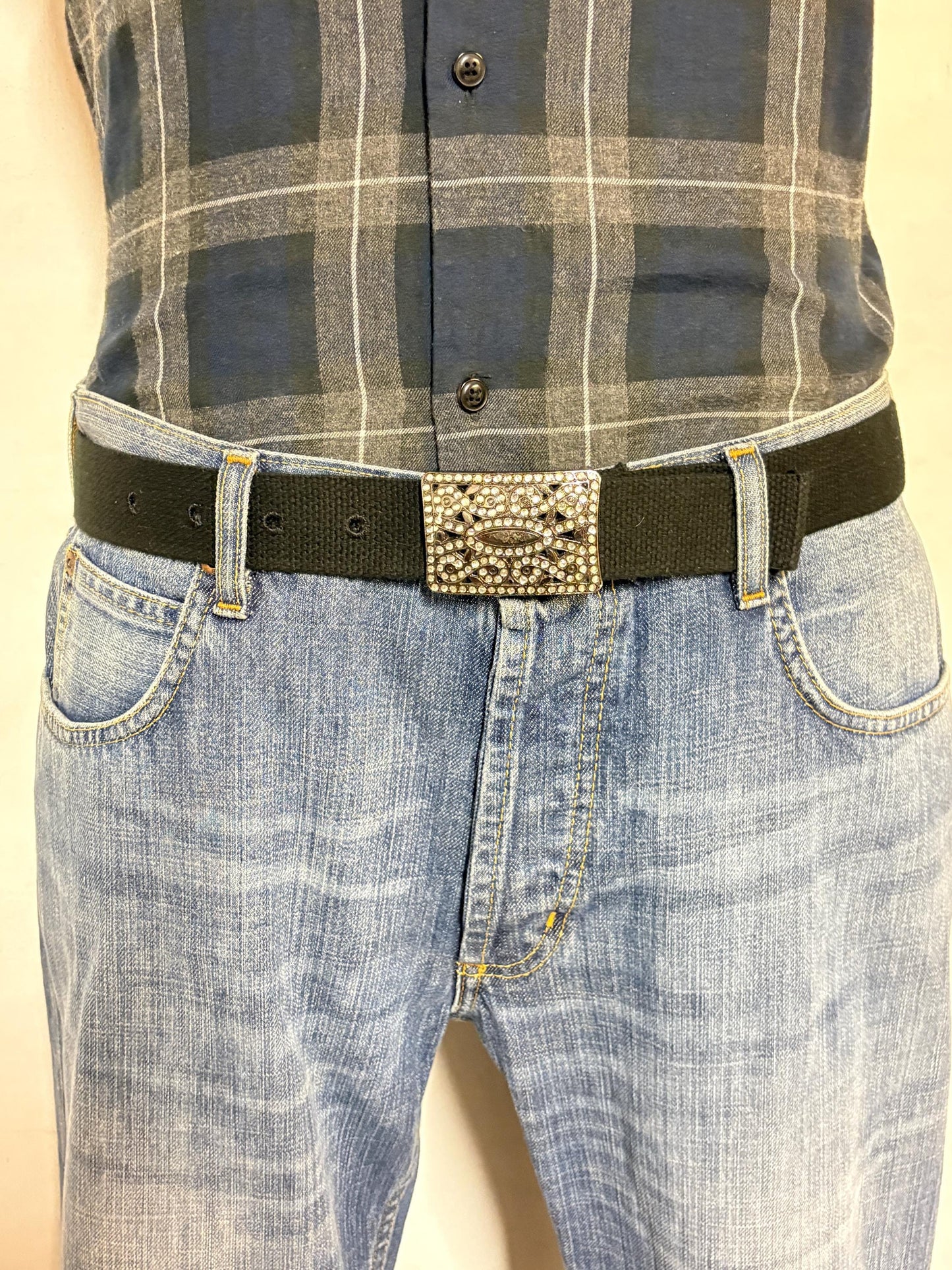 Y2K vintage canvas black army style belt with gunmetal grey buckle with ornate diamante pattern. 2000s ice bling. Rhinestone. Unused NOS