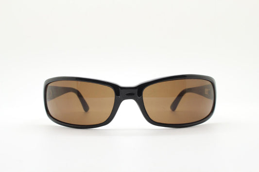Y2k vintage wrap around rectangular sunglasses. Low profile curved black gloss frame with plain brown lenses. 2000's bug eye. NOS