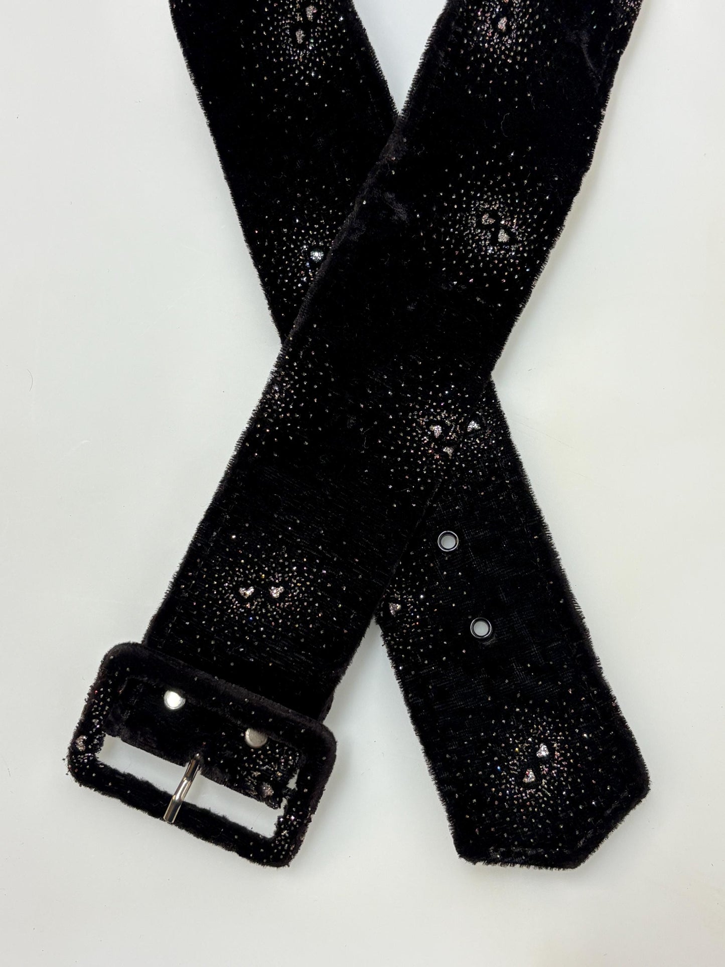80s vintage womens flattering V shaped belt for a dress. Black velvet with spectacular glitter constellations. Unused NOS