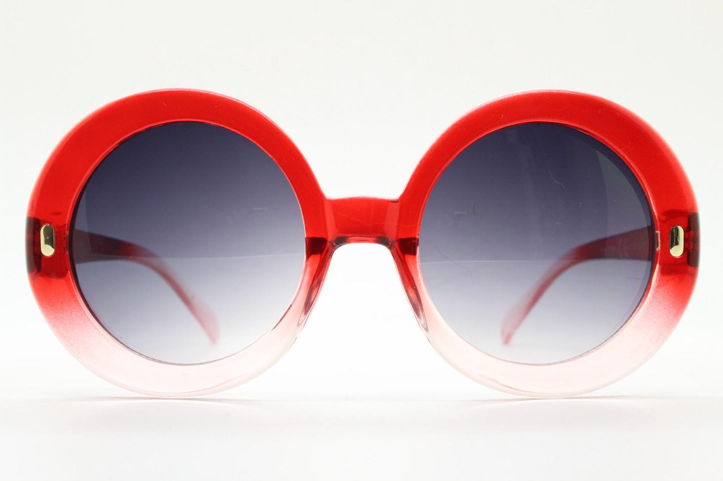 Y2k vintage oversized round sunglasses. Women's big 60s mod design transparent red to clear ombre frame with smoky black lenses. Unused BNWT