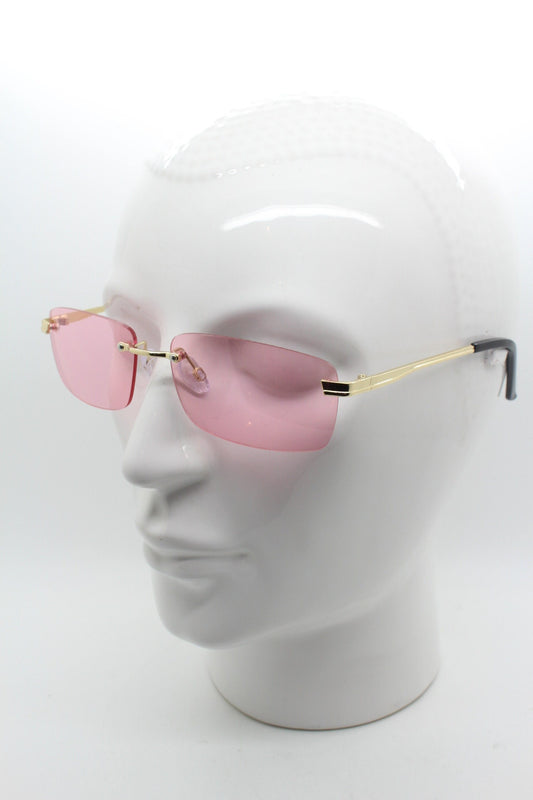 Y2K vintage frameless pink sunglasses. Rectangular lenses with gold bridge and arms. 2000s club kids. 00's. 90s Rave