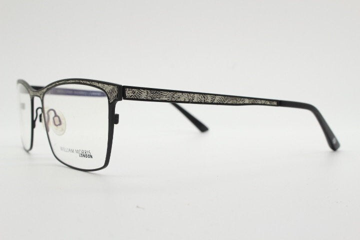 William Morris London rectangular eye glasses. Black matt flat metal optical frames with ornate silver pattern. Prescription RX eyeglasses.