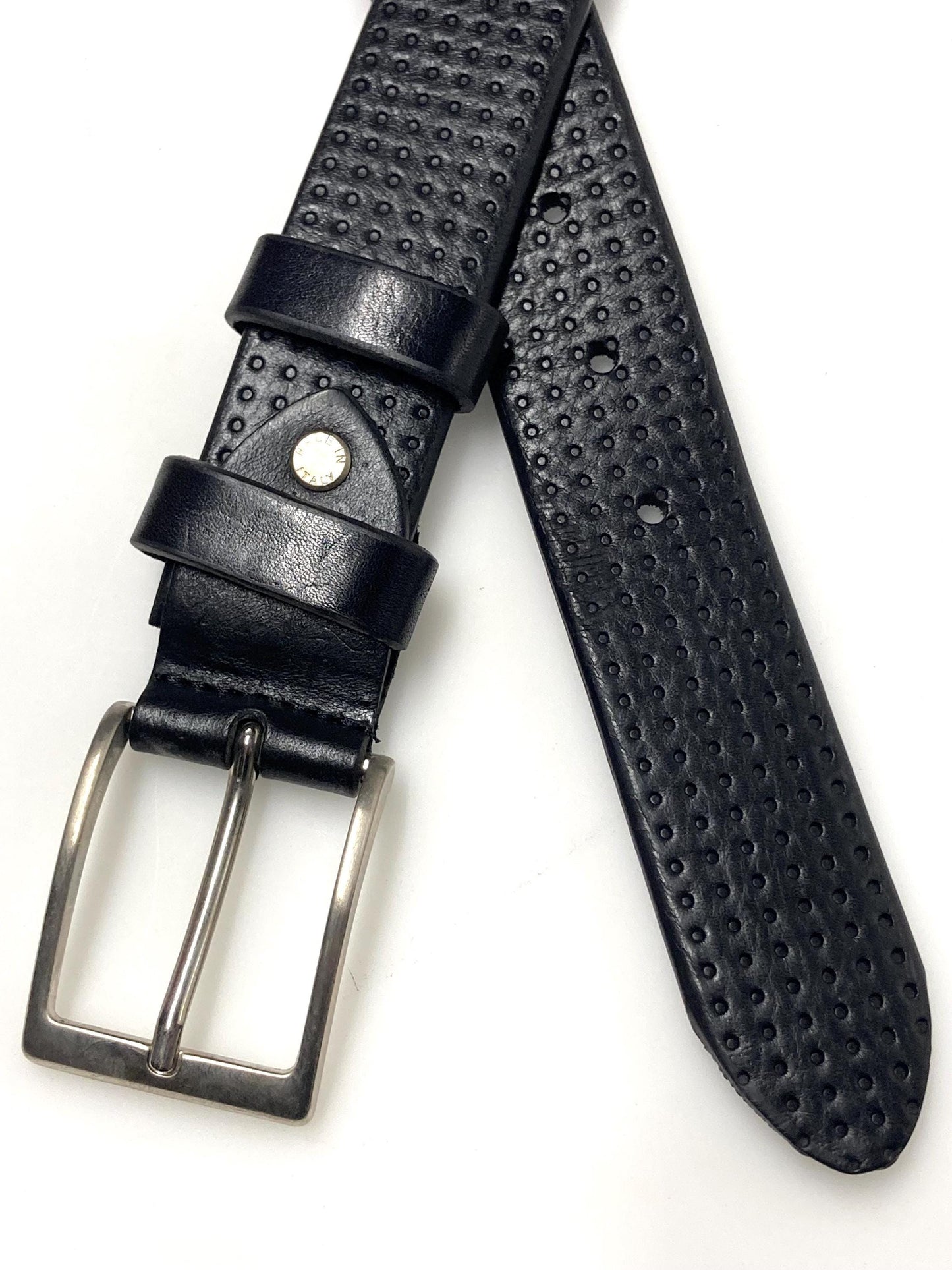 90s vintage black genuine leather belt made in Italy. Thick cowhide with smooth finish and indented dots for trousers/jeans. Mens NOS