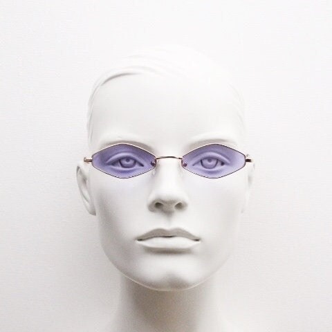 90s vintage small diamond sunglasses. Minimal gold psychedelic mod style frame with bright purple lenses. Unused New Old Stock