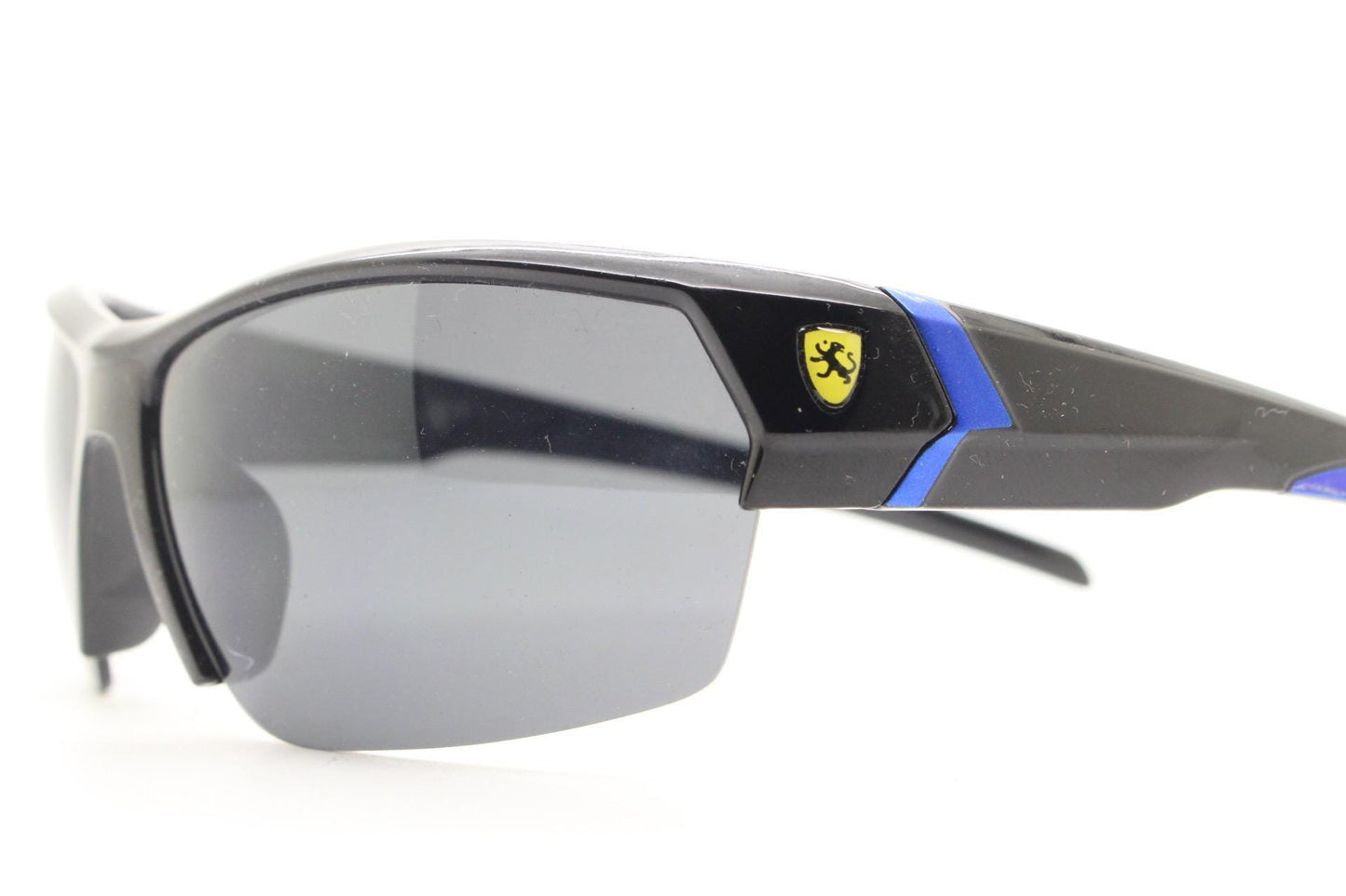 Y2K vintage sport shield sunglasses. All black wraparound aerodynamic visor with blue arm detail. 2000's. 90s. Unused NOS