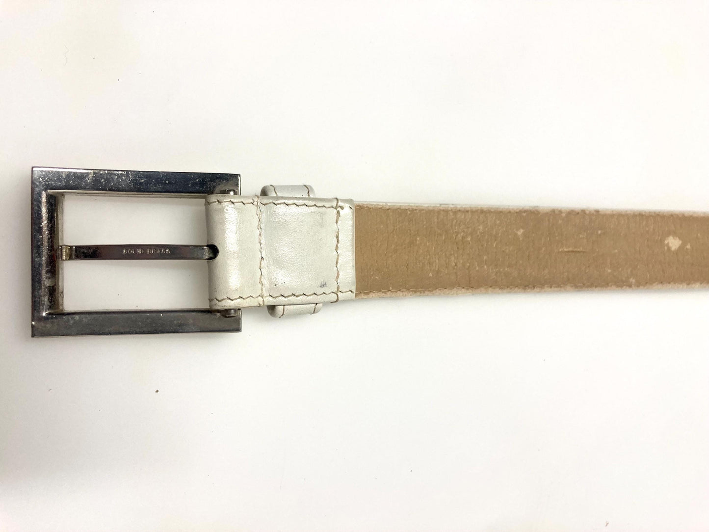 90s vintage womens dress or jeans belt by French Connection. Plain white genuine leather with chrome solid brass buckle. Made in England
