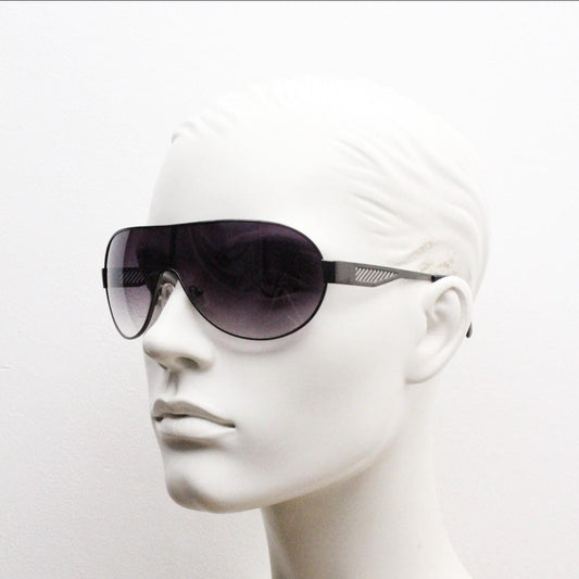 Y2K vintage large mask aviator sunglasses. Grey curved wrap around shield design with graduating monolens and cut out arm stripes. 2000s NOS