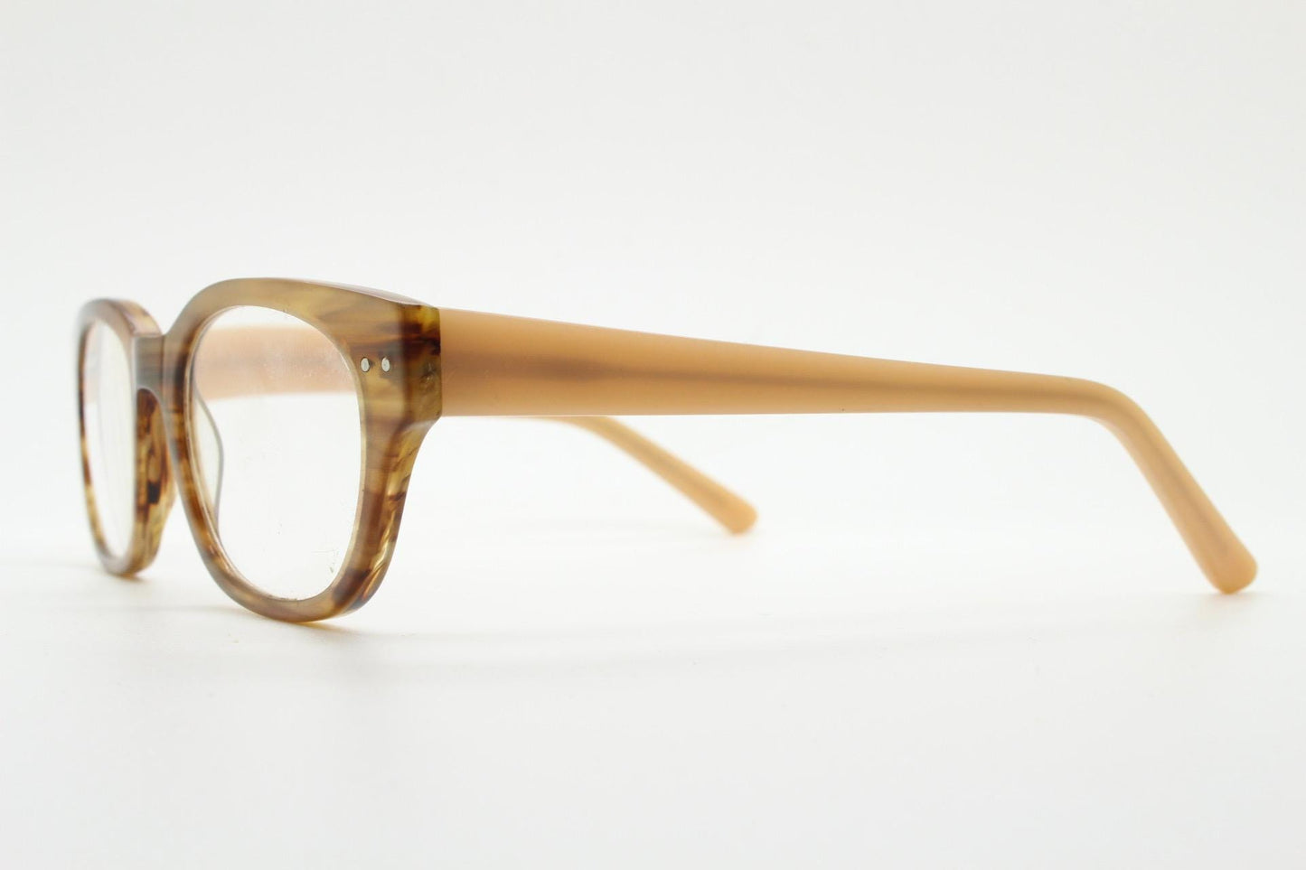 Thick frame rectangular eye glasses. Superior quality transparent brown gloss acetate optical frames with beige arms.  Prescription vintage