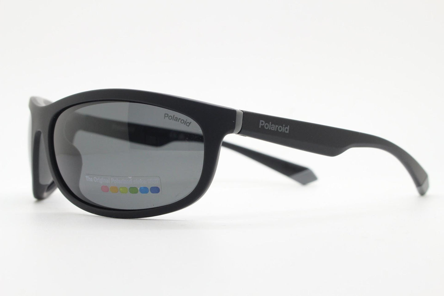 Polaroid vintage sports shield sunglasses. Black rubber finish curved wrap around frame with polarising lenses. 2000s. Y2K. Bug eye. NOS