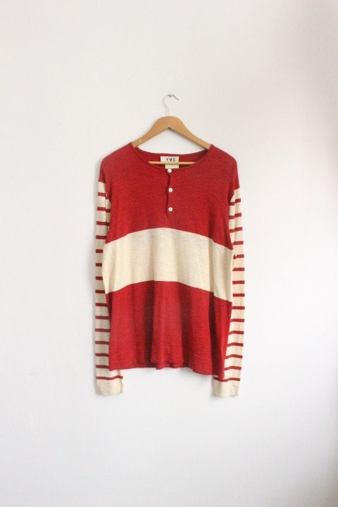 YMC vintage knit jumper in red and white stripes. Mens 3 button round neck sweater. BNWT. Designer pullover. One off NOS sample. Breton