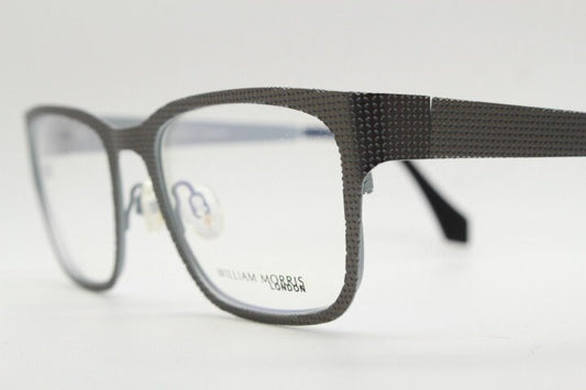 William Morris London rectangular eye glasses. Grey flat metal optical frames with textured check surface. Prescription RX eyeglasses