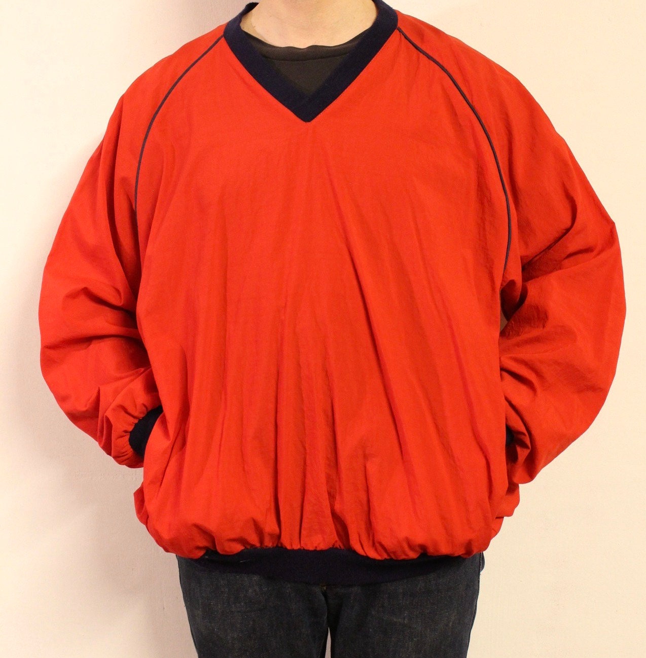 Vintage 80s oversized v neck pullover. Made in England. Bright red baggy football style unisex top. Club kids jumper. Rave