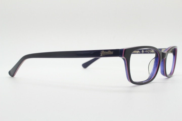 Superdry rectangular low profile eye glasses. Black gloss layered acetate optical frames. Prescription eyeglasses. RX spectacles
