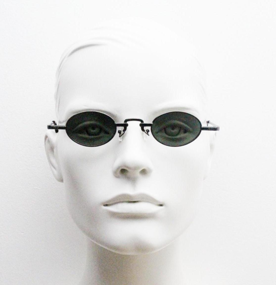 90s vintage small oval sunglasses. Imposing minimal grey metal victorian style frame with green lenses. Steampunk. Micro. Unused NOS