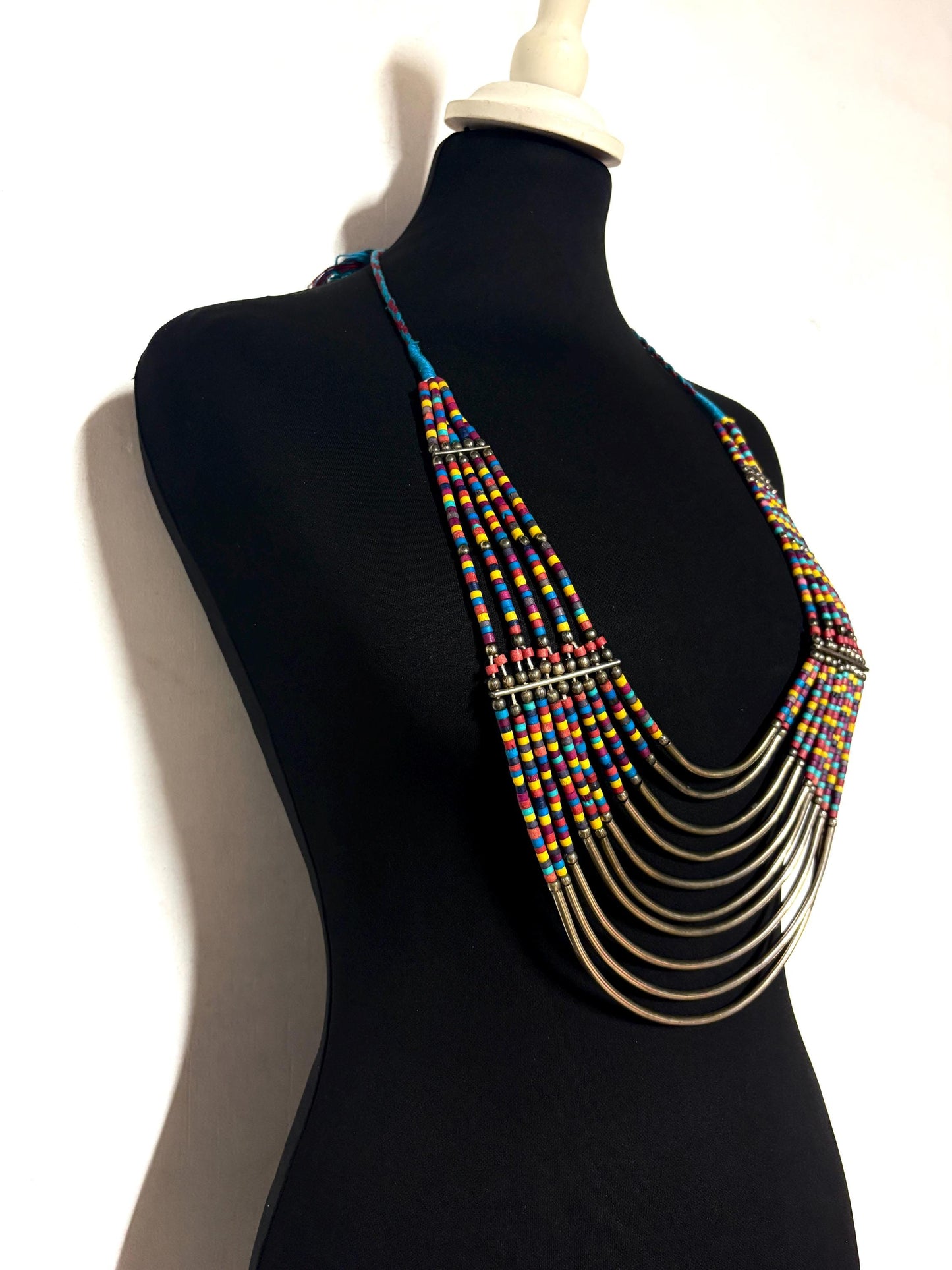 Y2K vintage massive statement Masai style beaded chain necklace. Multi coloured beads with concentric semi circle metal crescents. NOS