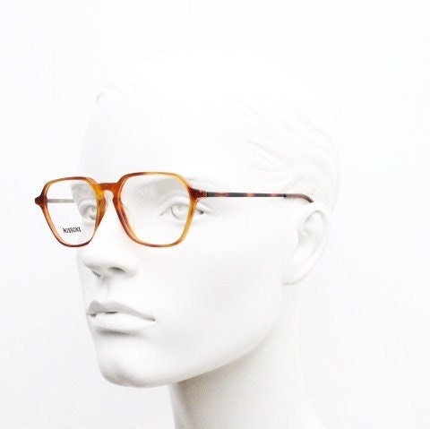 Missoni 90s vintage square hexagon eye glasses made in Italy. Transparent brown optical frames with enamel tiger arms. Prescription RX NOS