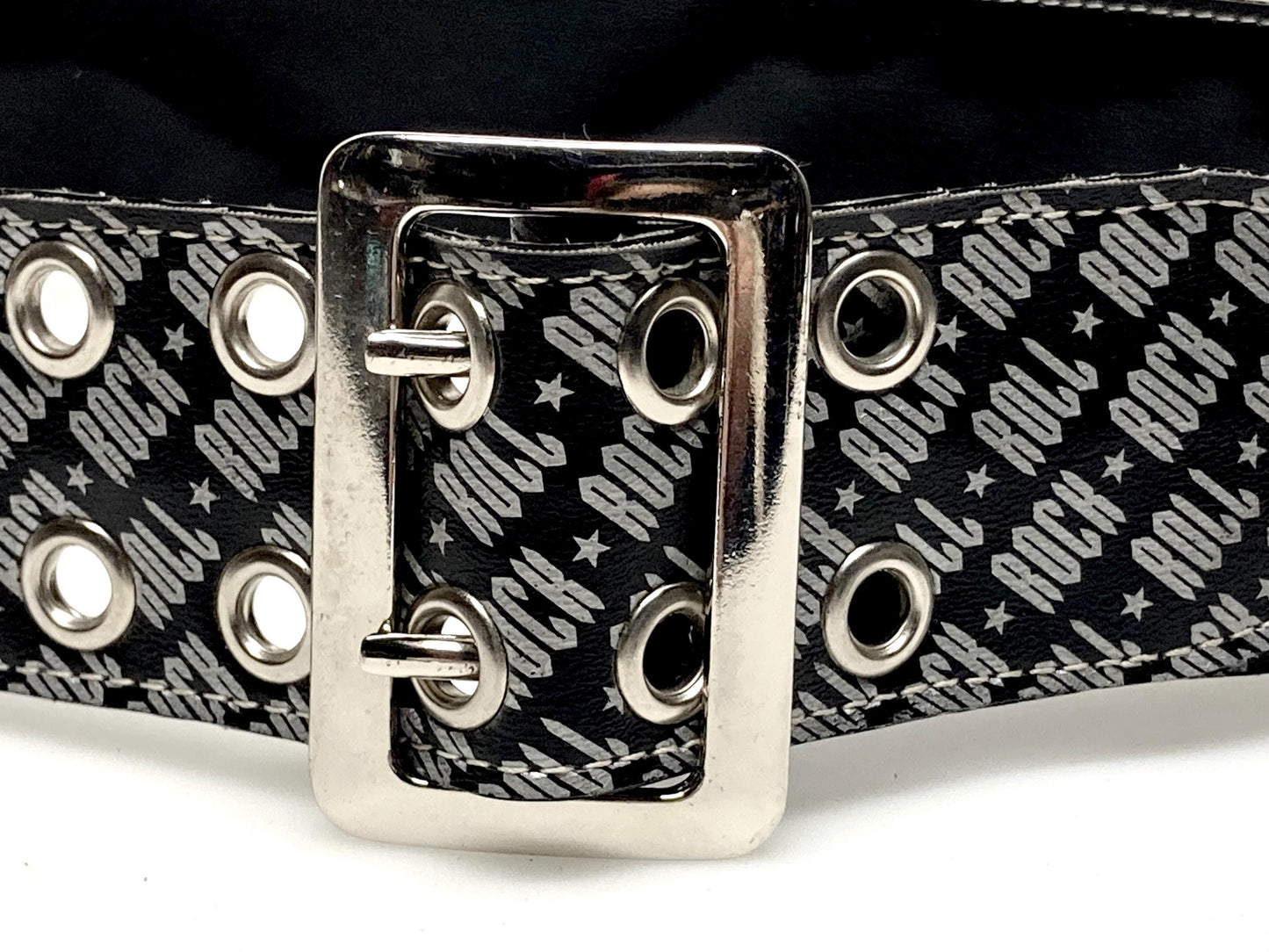 Paul Frank Y2K vintage mens big 'Rock n Roll' designer belt in black and silver. Made in the USA. 2000s NOS Mens large