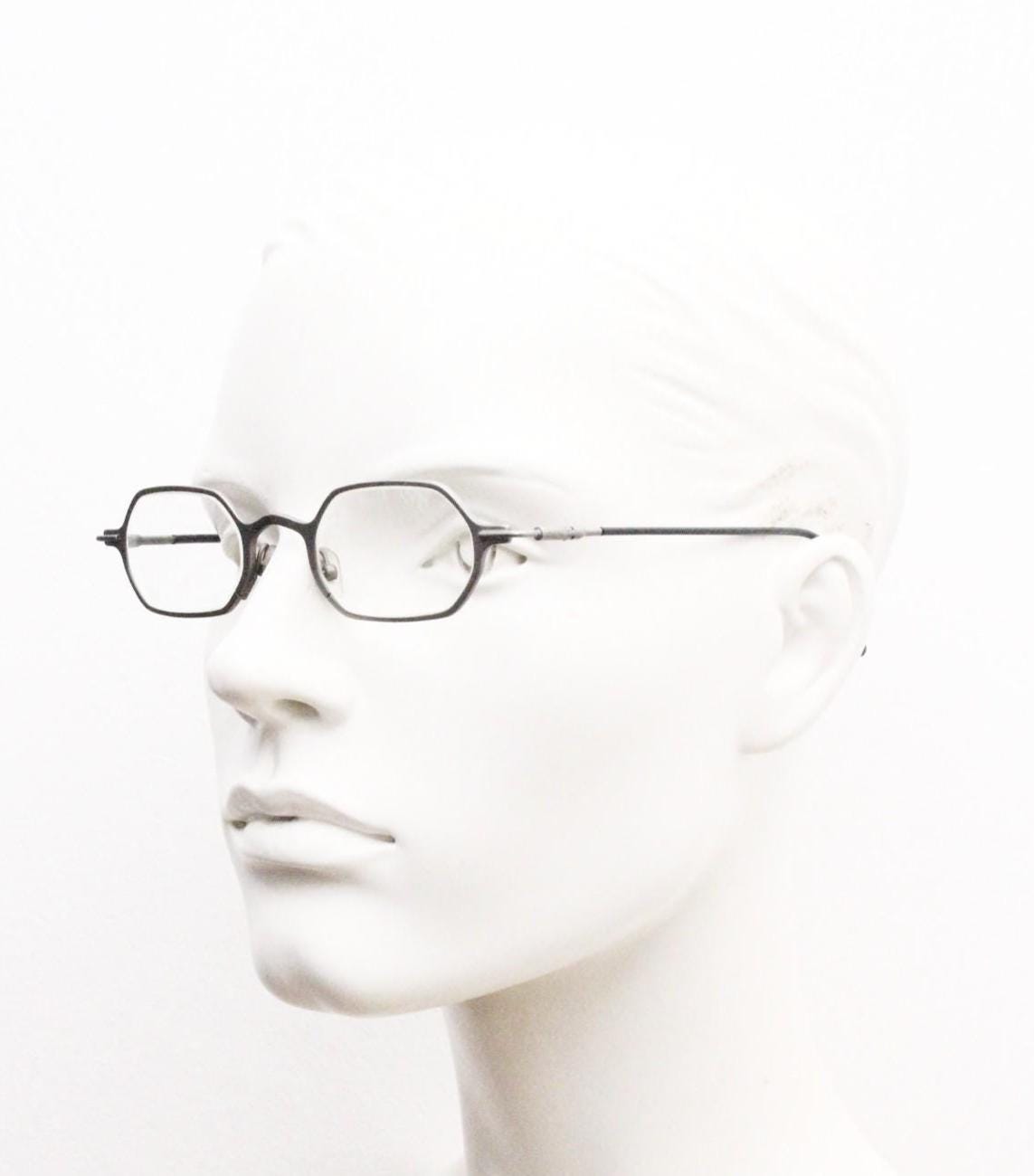 DKNY 90s vintage hexagon eye glasses made in Italy. Small matt grey optical frames. Prescription RX. Donna Karan. Victorian style steampunk