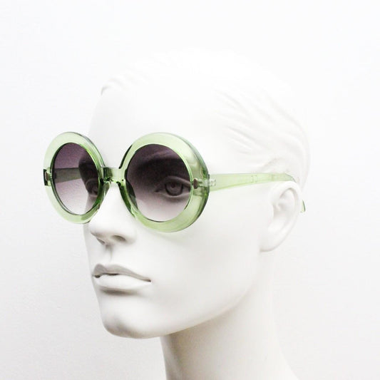 Y2k vintage oversized round green sunglasses. Women's big 60s mod design transparent frame with smoky black gradient lenses. Unused BNWT
