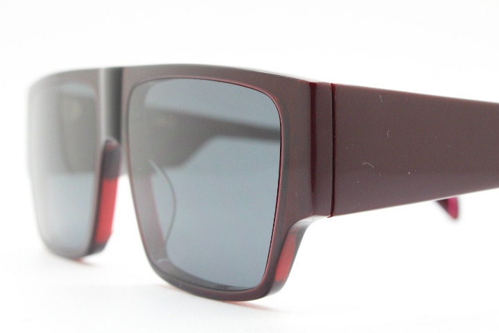 Kaleos square flat top sunglasses. Deep burgundy gloss acetate chunky frame with fat arms. New Old Stock