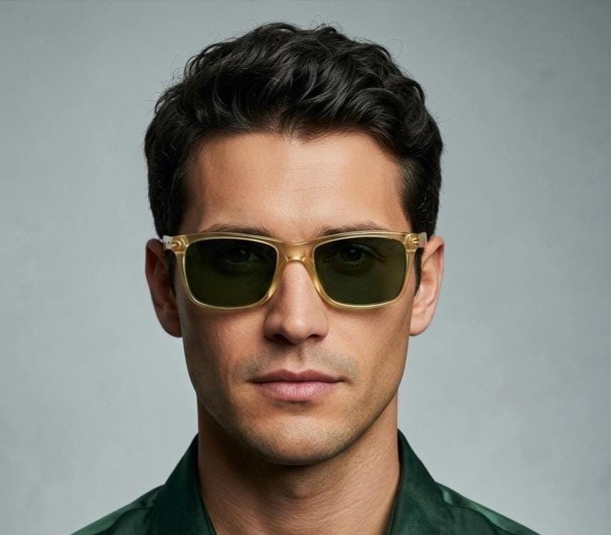 Luxottica 90s vintage rectangular sunglasses made in Italy. Transparent yellow acetate chunky frame with contrasting dark green lenses. BNWT