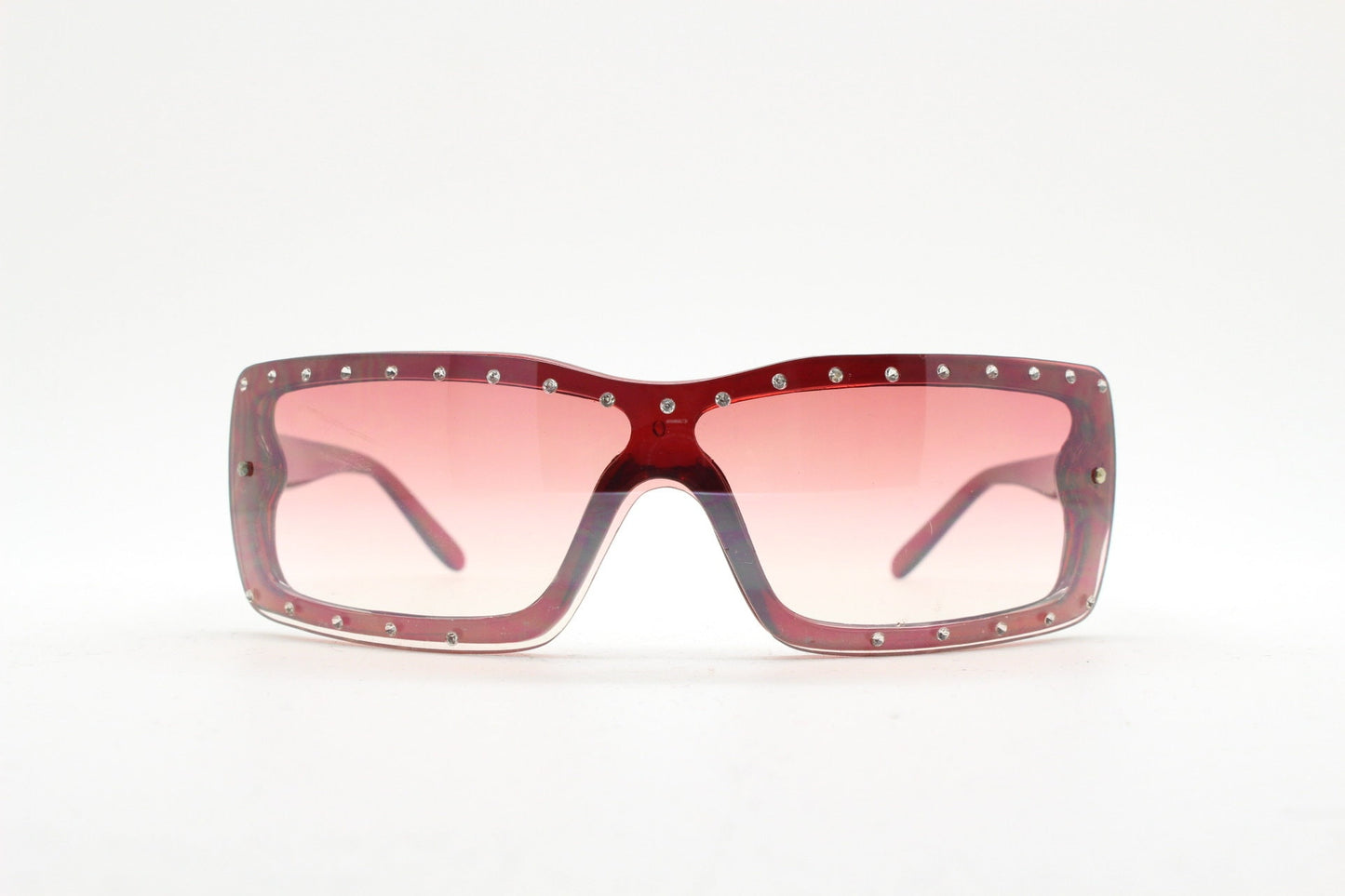 Y2K vintage shield sunglasses with diamante. Red wrap around mini mask style with curved mono lens. 2000s unused NOS. Visor