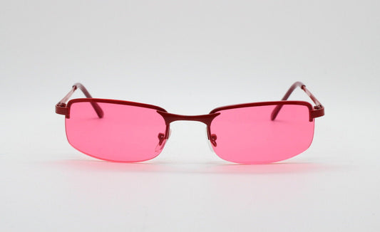 Y2K vintage half frame sunglasses with rectangular pink lenses and matching frame colours. 2000s NOS. 00's. 90s Rave