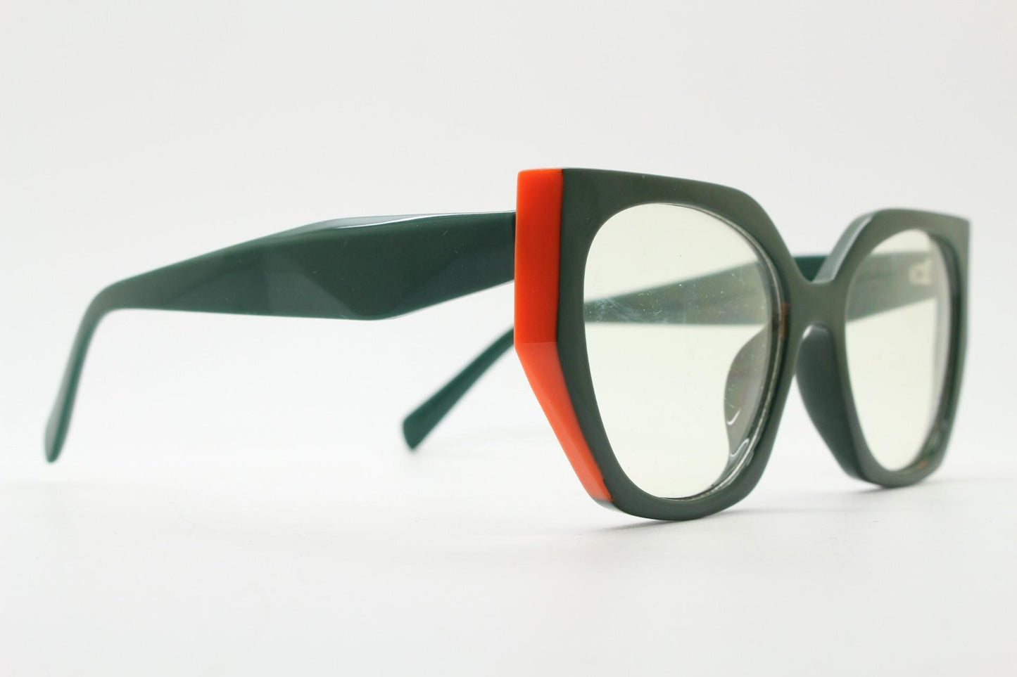 Sharp angled flat top  cat eye glasses. Refined green cateye optical frame with bright orange side sections. Prescription RX Spectacles